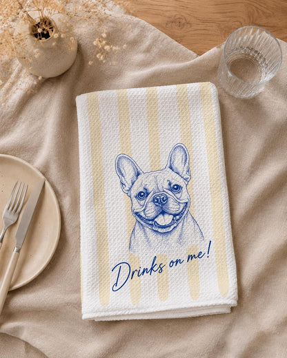 Funny French Bulldog Bar Kitchen Towels 16x24 Inch, Frenchie Gifts for Women Men, Light Yellow and Green Striped Dog Hand Towels for Kitchen Bar Cart Pub, Set of 2