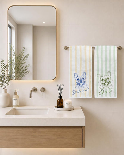 Funny French Bulldog Bar Kitchen Towels 16x24 Inch, Frenchie Gifts for Women Men, Light Yellow and Green Striped Dog Hand Towels for Kitchen Bar Cart Pub, Set of 2