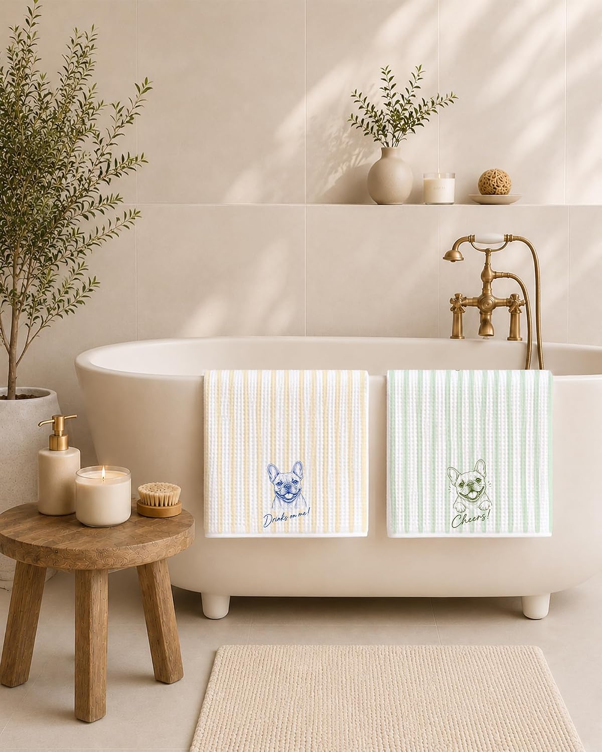Funny French Bulldog Bar Kitchen Towels 16x24 Inch, Frenchie Gifts for Women Men, Light Yellow and Green Striped Dog Hand Towels for Kitchen Bar Cart Pub, Set of 2