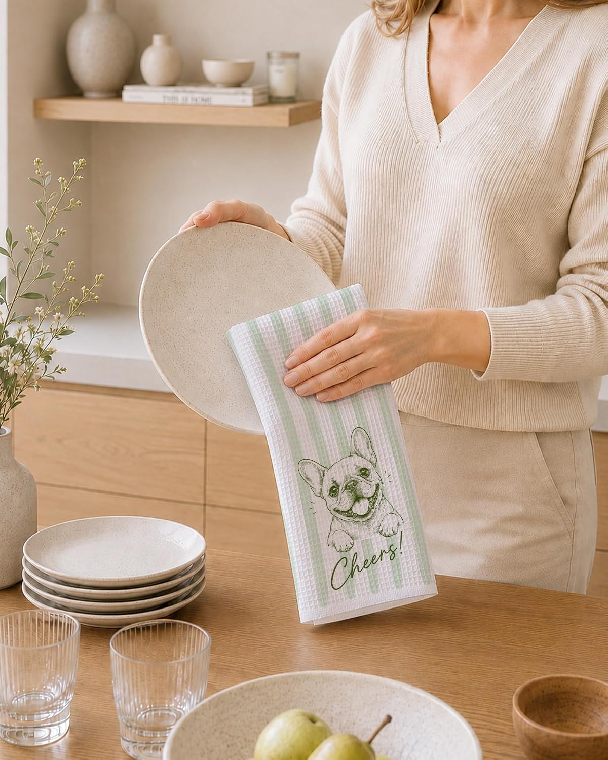 Funny French Bulldog Bar Kitchen Towels 16x24 Inch, Frenchie Gifts for Women Men, Light Yellow and Green Striped Dog Hand Towels for Kitchen Bar Cart Pub, Set of 2