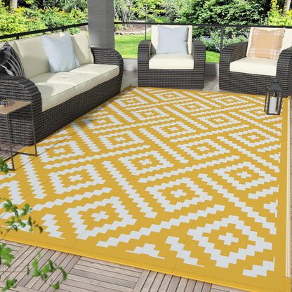 Outdoor Rug for Patio Clearance, 6'x9' Reversible Plastic Straw Rugs, Lightweight Waterproof RV Camping Mat for Camper, Balcony, Deck, Backyard, Picnic, Yellow & Beigewhite