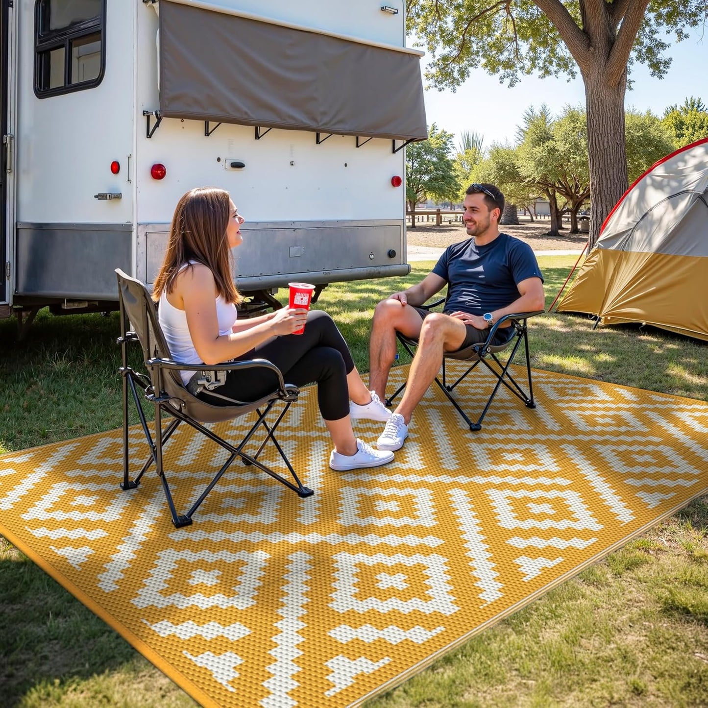 Outdoor Rug for Patio Clearance, 6'x9' Reversible Plastic Straw Rugs, Lightweight Waterproof RV Camping Mat for Camper, Balcony, Deck, Backyard, Picnic, Yellow & Beigewhite