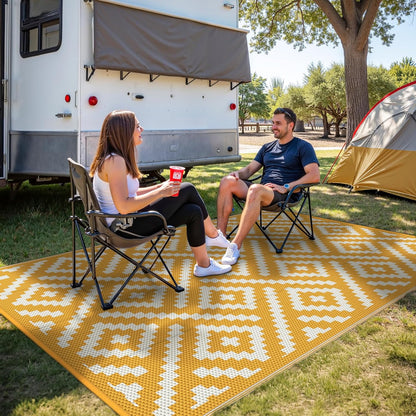 Outdoor Rug for Patio Clearance, 6'x9' Reversible Plastic Straw Rugs, Lightweight Waterproof RV Camping Mat for Camper, Balcony, Deck, Backyard, Picnic, Yellow & Beigewhite