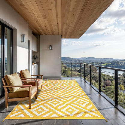 Outdoor Rug for Patio Clearance, 6'x9' Reversible Plastic Straw Rugs, Lightweight Waterproof RV Camping Mat for Camper, Balcony, Deck, Backyard, Picnic, Yellow & Beigewhite