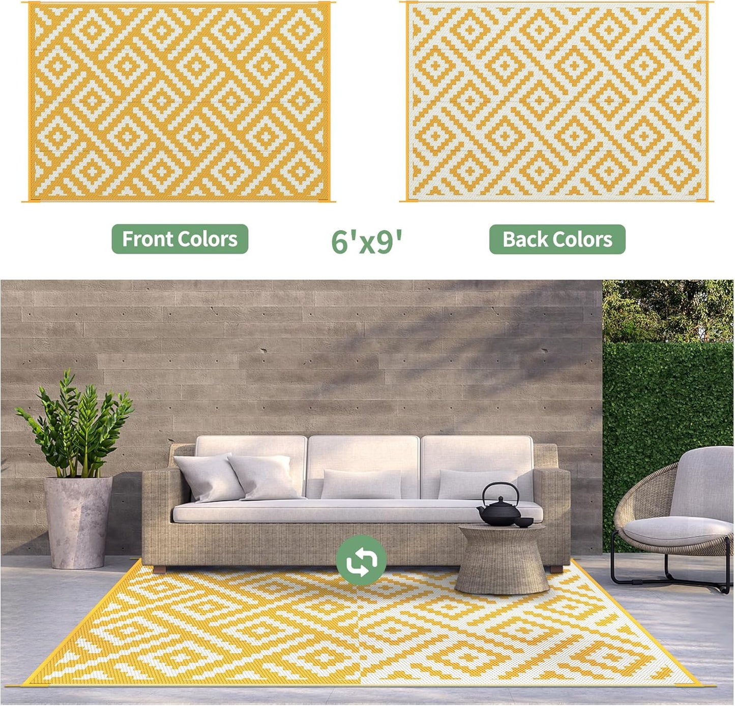 Outdoor Rug for Patio Clearance, 6'x9' Reversible Plastic Straw Rugs, Lightweight Waterproof RV Camping Mat for Camper, Balcony, Deck, Backyard, Picnic, Yellow & Beigewhite