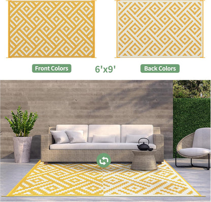 Outdoor Rug for Patio Clearance, 6'x9' Reversible Plastic Straw Rugs, Lightweight Waterproof RV Camping Mat for Camper, Balcony, Deck, Backyard, Picnic, Yellow & Beigewhite