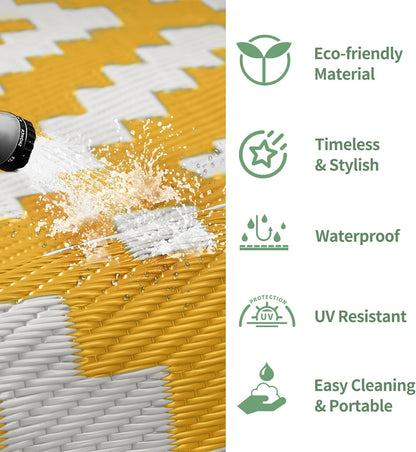 Outdoor Rug for Patio Clearance, 6'x9' Reversible Plastic Straw Rugs, Lightweight Waterproof RV Camping Mat for Camper, Balcony, Deck, Backyard, Picnic, Yellow & Beigewhite