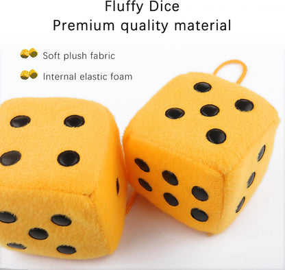 Stylish Fuzzy Dice for Car Hanging Ornament,Funny Plush Dice Rear View Mirror Accessories,Car Accessories Interior Cute Mirror Hanging Accessories (Yellow)