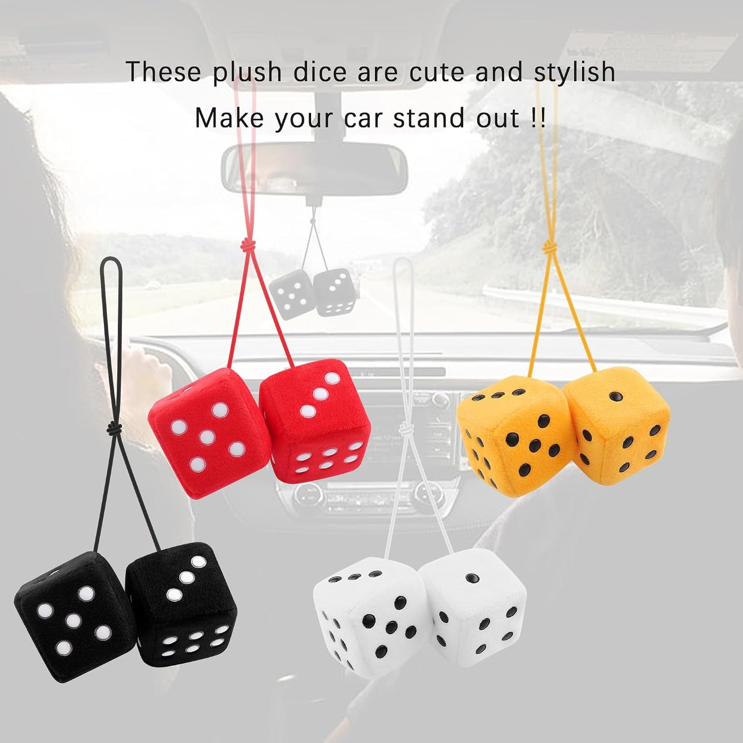 Stylish Fuzzy Dice for Car Hanging Ornament,Funny Plush Dice Rear View Mirror Accessories,Car Accessories Interior Cute Mirror Hanging Accessories (Yellow)
