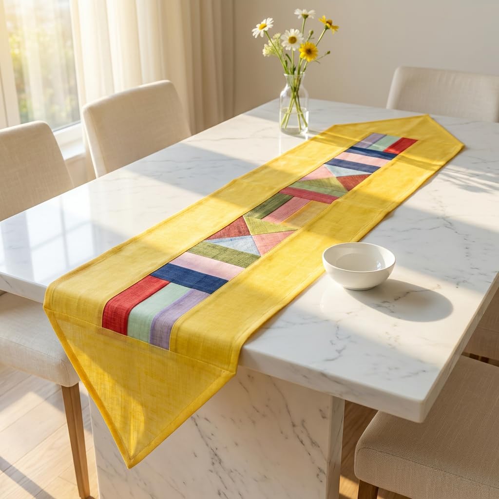 Korean Patchwork Table Runner – Traditional Bojagi Pattern, Lightweight Decorative Dining Table & Home Décor Accent for Living Room or Kitchen (Permanent Yellow)