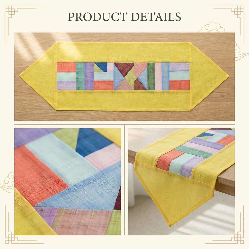 Korean Patchwork Table Runner – Traditional Bojagi Pattern, Lightweight Decorative Dining Table & Home Décor Accent for Living Room or Kitchen (Permanent Yellow)