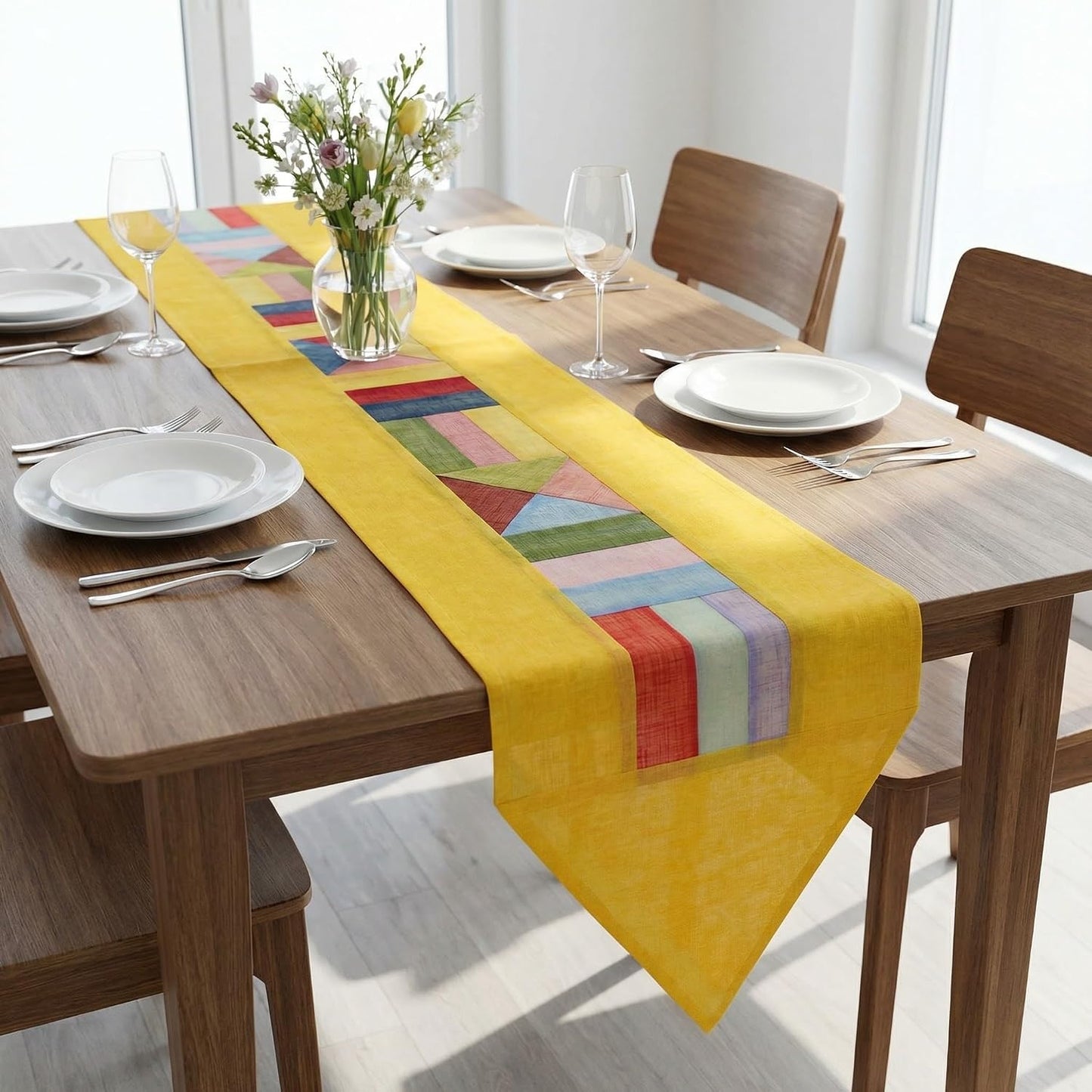 Korean Patchwork Table Runner – Traditional Bojagi Pattern, Lightweight Decorative Dining Table & Home Décor Accent for Living Room or Kitchen (Permanent Yellow)
