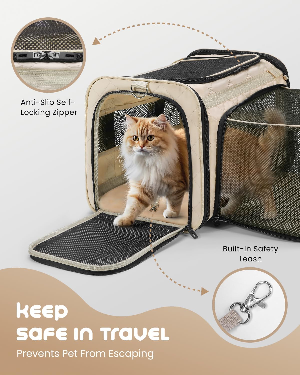 Cat Carrier Soft for Small-Medium Cats Up to 25lbs, Airline Approved | Expandable Square Design,Comfort & Breathable Window,Equipped with anti-slip lock zippers and an internal safety leash