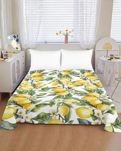 Twin Size Flat Sheet Only, Summer Lemon Flower Leaf Bed Top Sheet Soft Microfiber Breathable Bedding Flat Sheets, Yellow Fruit White Floral Green Leaves Top Sheets Hotel Luxury