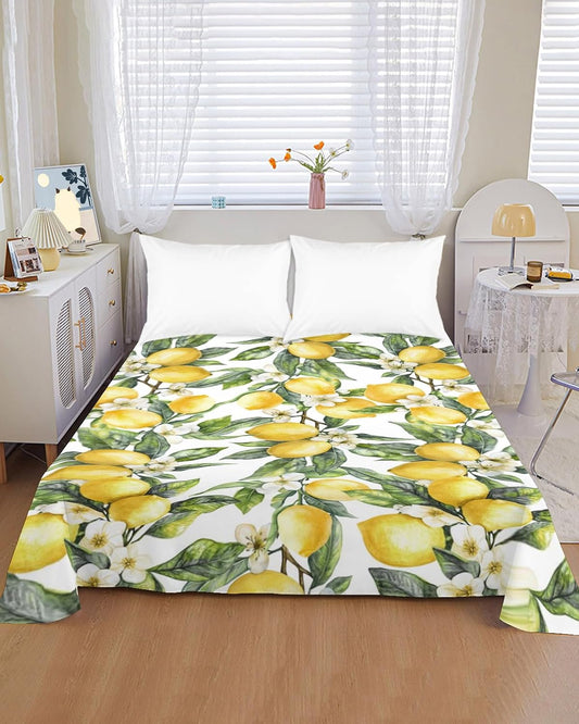 Twin Size Flat Sheet Only, Summer Lemon Flower Leaf Bed Top Sheet Soft Microfiber Breathable Bedding Flat Sheets, Yellow Fruit White Floral Green Leaves Top Sheets Hotel Luxury