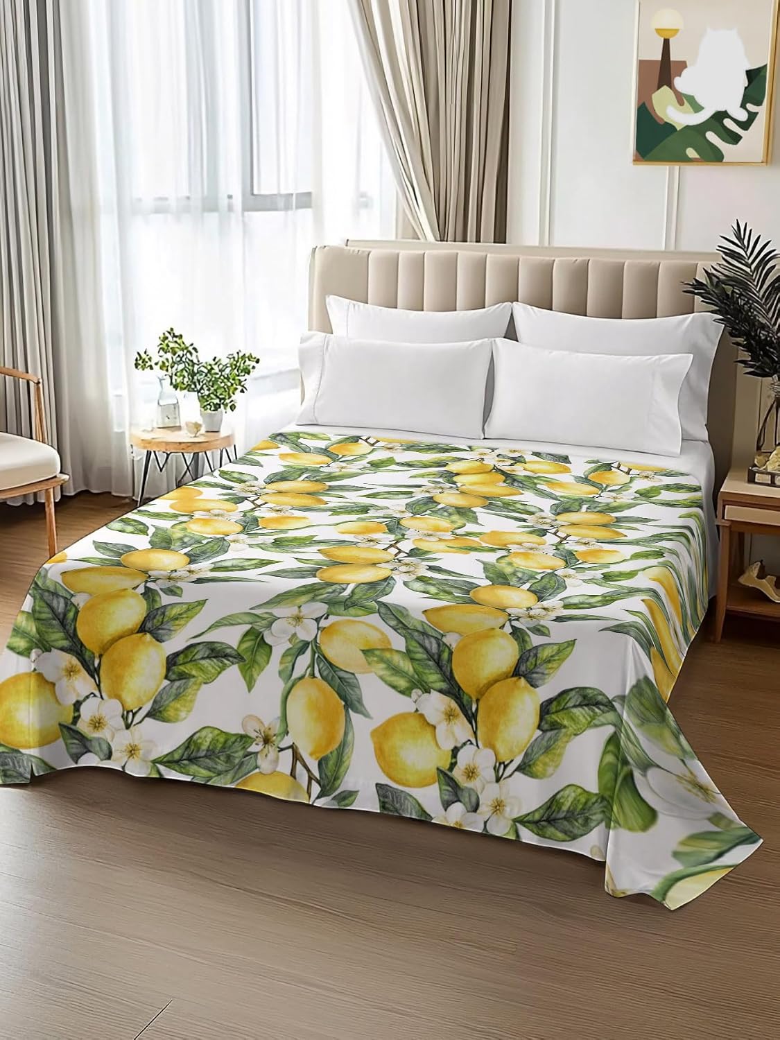 Twin Size Flat Sheet Only, Summer Lemon Flower Leaf Bed Top Sheet Soft Microfiber Breathable Bedding Flat Sheets, Yellow Fruit White Floral Green Leaves Top Sheets Hotel Luxury