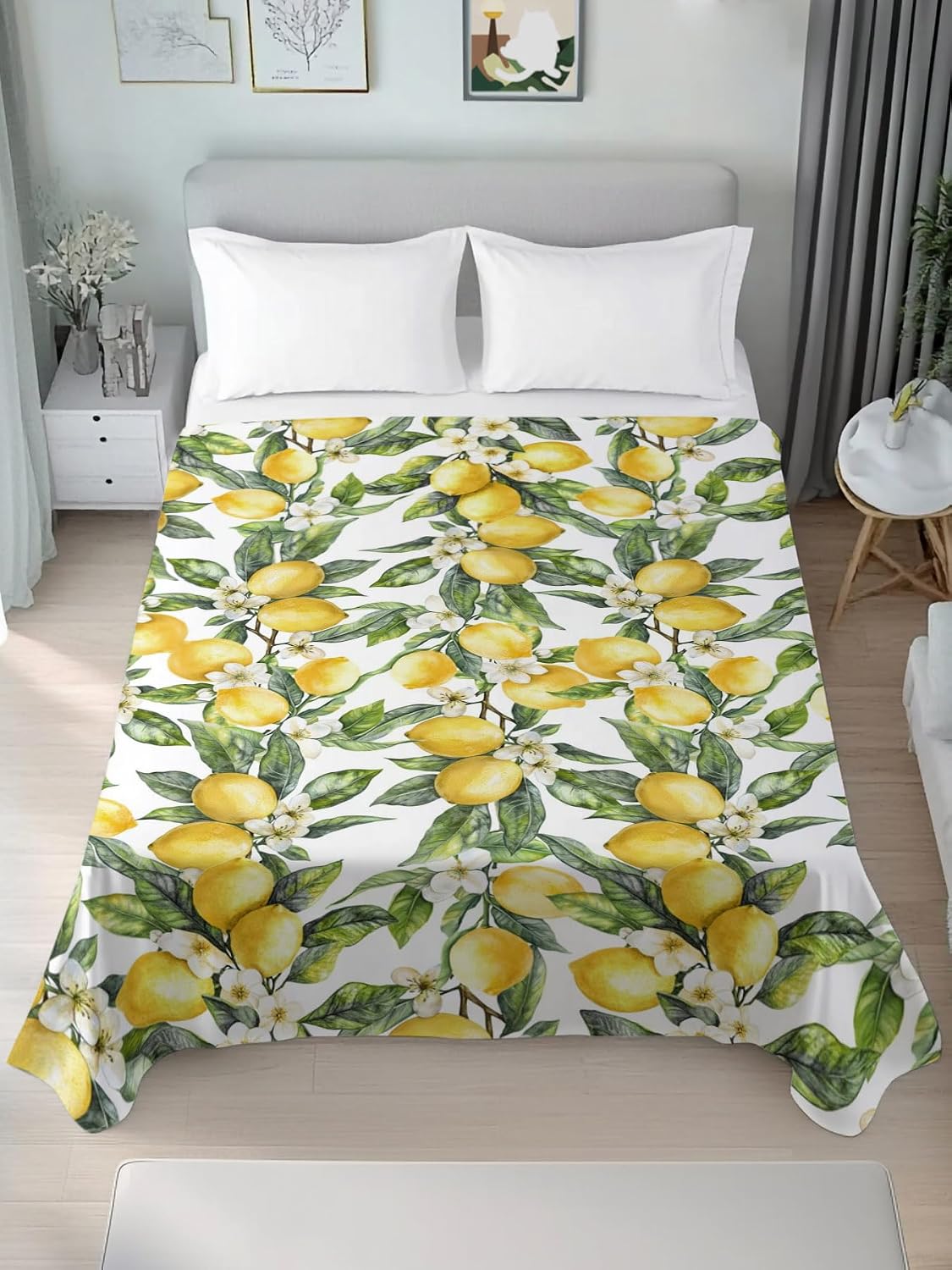Twin Size Flat Sheet Only, Summer Lemon Flower Leaf Bed Top Sheet Soft Microfiber Breathable Bedding Flat Sheets, Yellow Fruit White Floral Green Leaves Top Sheets Hotel Luxury