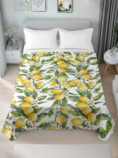 Twin Size Flat Sheet Only, Summer Lemon Flower Leaf Bed Top Sheet Soft Microfiber Breathable Bedding Flat Sheets, Yellow Fruit White Floral Green Leaves Top Sheets Hotel Luxury