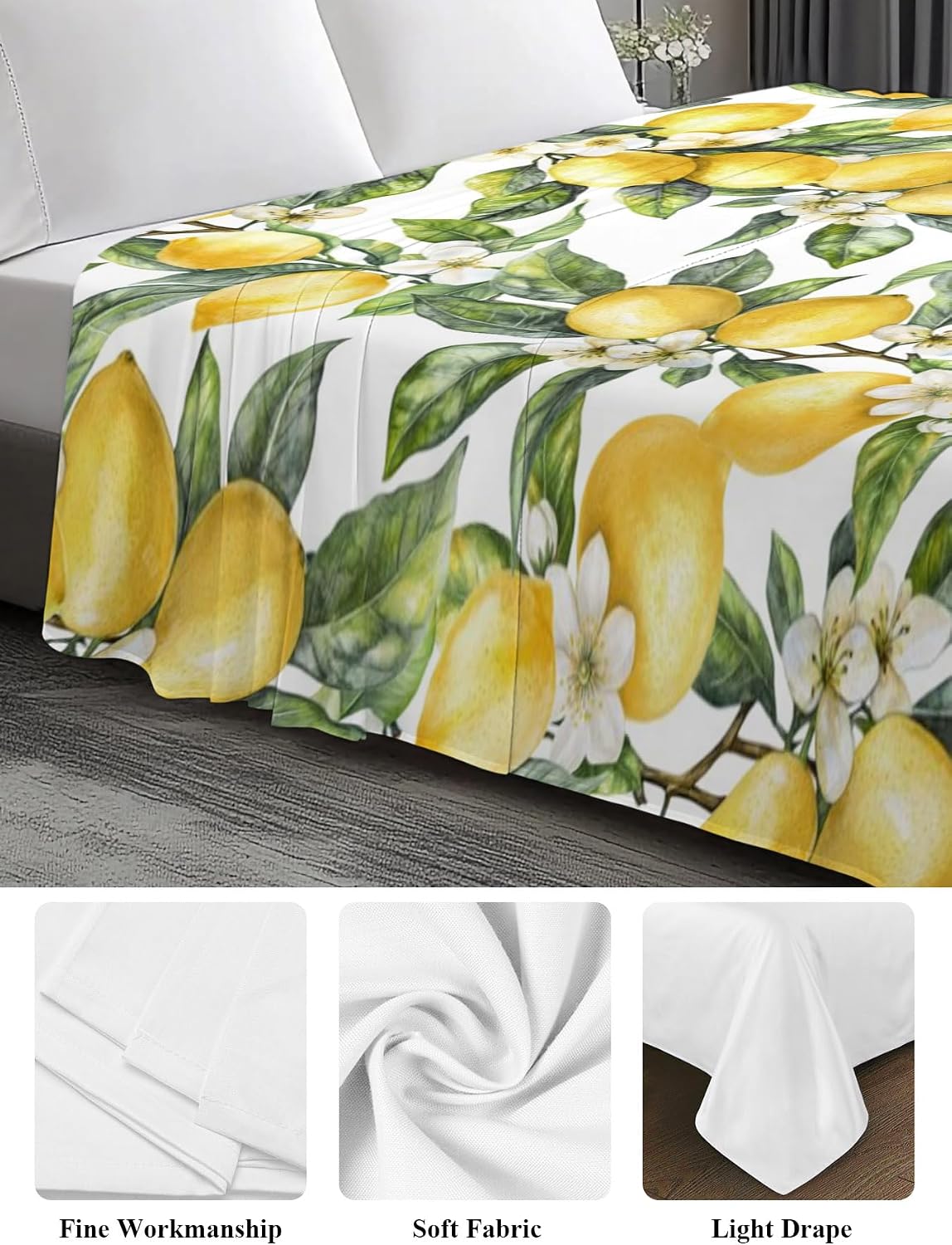 Twin Size Flat Sheet Only, Summer Lemon Flower Leaf Bed Top Sheet Soft Microfiber Breathable Bedding Flat Sheets, Yellow Fruit White Floral Green Leaves Top Sheets Hotel Luxury