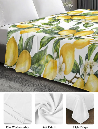 Twin Size Flat Sheet Only, Summer Lemon Flower Leaf Bed Top Sheet Soft Microfiber Breathable Bedding Flat Sheets, Yellow Fruit White Floral Green Leaves Top Sheets Hotel Luxury