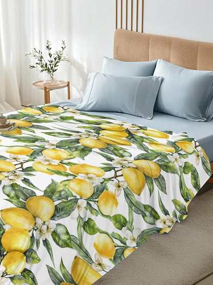 Twin Size Flat Sheet Only, Summer Lemon Flower Leaf Bed Top Sheet Soft Microfiber Breathable Bedding Flat Sheets, Yellow Fruit White Floral Green Leaves Top Sheets Hotel Luxury