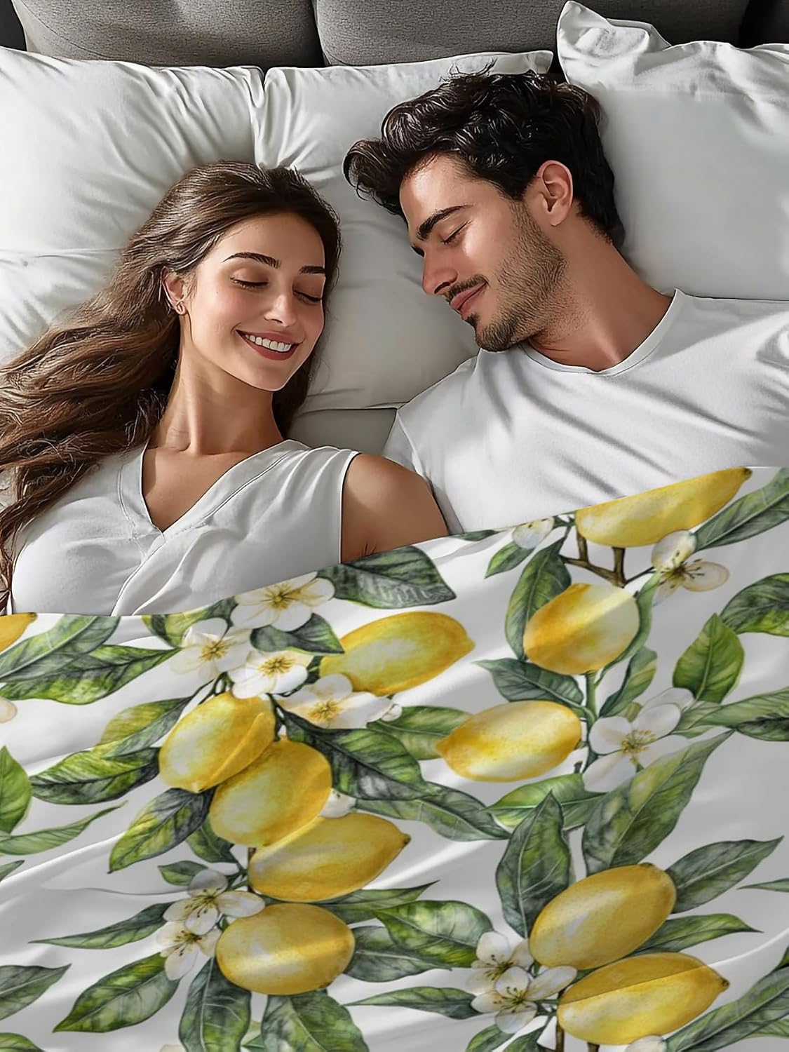 Twin Size Flat Sheet Only, Summer Lemon Flower Leaf Bed Top Sheet Soft Microfiber Breathable Bedding Flat Sheets, Yellow Fruit White Floral Green Leaves Top Sheets Hotel Luxury