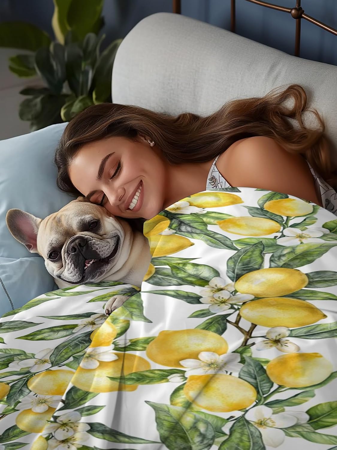 Twin Size Flat Sheet Only, Summer Lemon Flower Leaf Bed Top Sheet Soft Microfiber Breathable Bedding Flat Sheets, Yellow Fruit White Floral Green Leaves Top Sheets Hotel Luxury