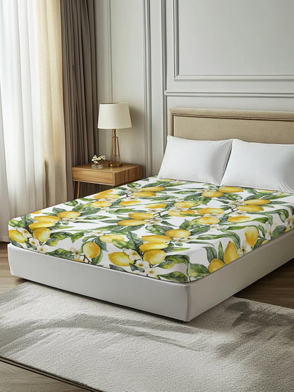 Twin Size Flat Sheet Only, Summer Lemon Flower Leaf Bed Top Sheet Soft Microfiber Breathable Bedding Flat Sheets, Yellow Fruit White Floral Green Leaves Top Sheets Hotel Luxury