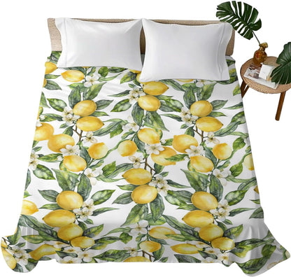 Twin Size Flat Sheet Only, Summer Lemon Flower Leaf Bed Top Sheet Soft Microfiber Breathable Bedding Flat Sheets, Yellow Fruit White Floral Green Leaves Top Sheets Hotel Luxury