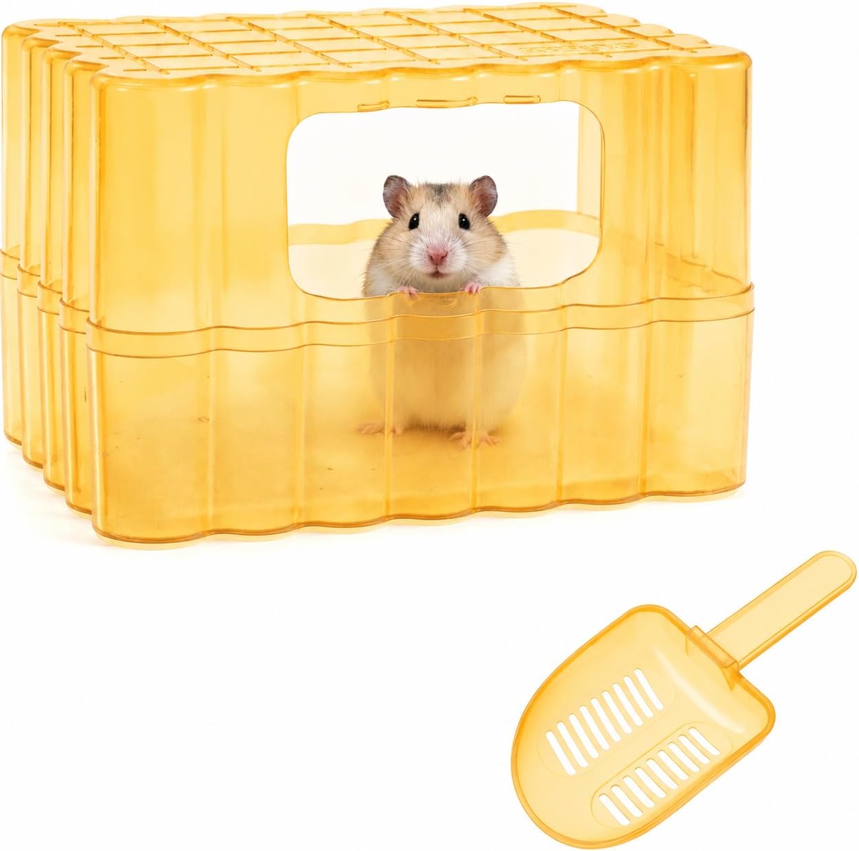 Hamster Sand Bath Container, Small Animal Dust Bath House with Scoop,Yellow | Enclosed Hamster Bathroom Digging Box & Toilet for Guinea Pig Gerbil Hedgehog Chinchilla Ferret