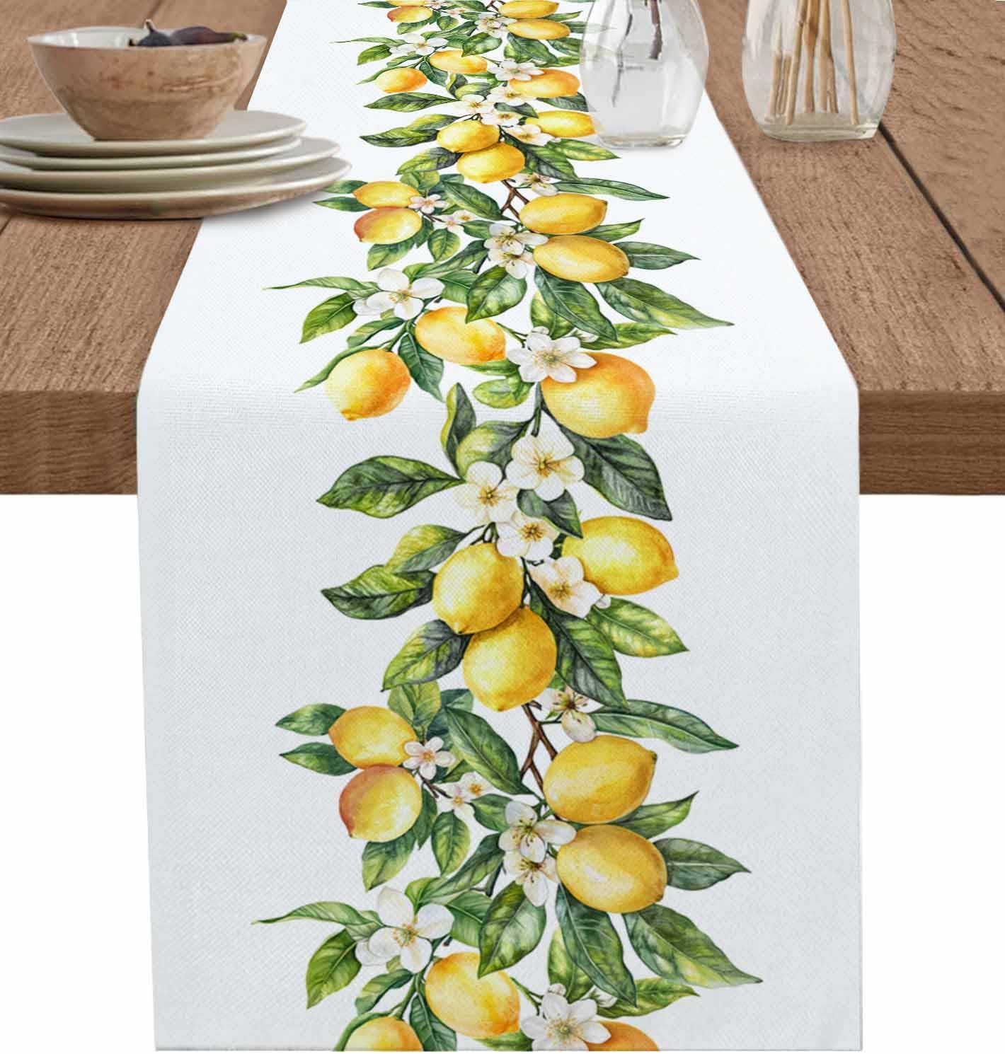 Dining Table Runner Dresser Scarf Linen Burlap Fabric,Summer Lemon Green Leaves Washable Table Runners 90 Inches Long for Farmhouse Home Kitchen Wedding Party Decor