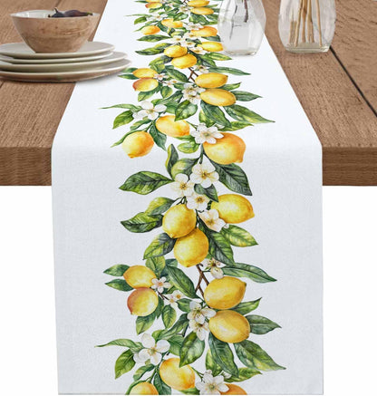 Dining Table Runner Dresser Scarf Linen Burlap Fabric,Summer Lemon Green Leaves Washable Table Runners 90 Inches Long for Farmhouse Home Kitchen Wedding Party Decor