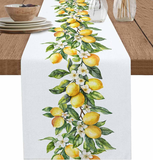 Dining Table Runner Dresser Scarf Linen Burlap Fabric,Summer Lemon Green Leaves Washable Table Runners 90 Inches Long for Farmhouse Home Kitchen Wedding Party Decor