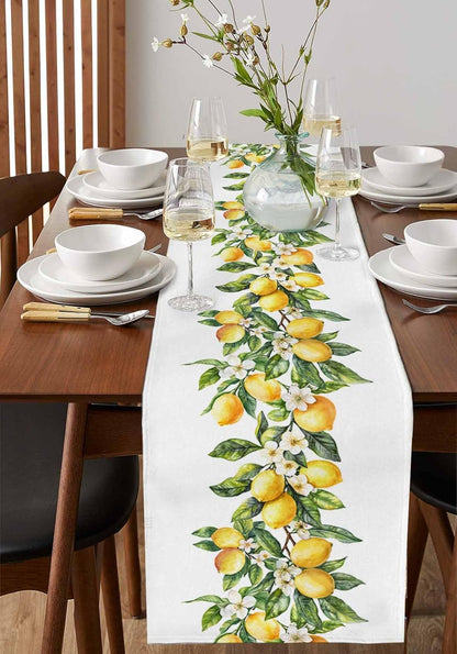 Dining Table Runner Dresser Scarf Linen Burlap Fabric,Summer Lemon Green Leaves Washable Table Runners 90 Inches Long for Farmhouse Home Kitchen Wedding Party Decor