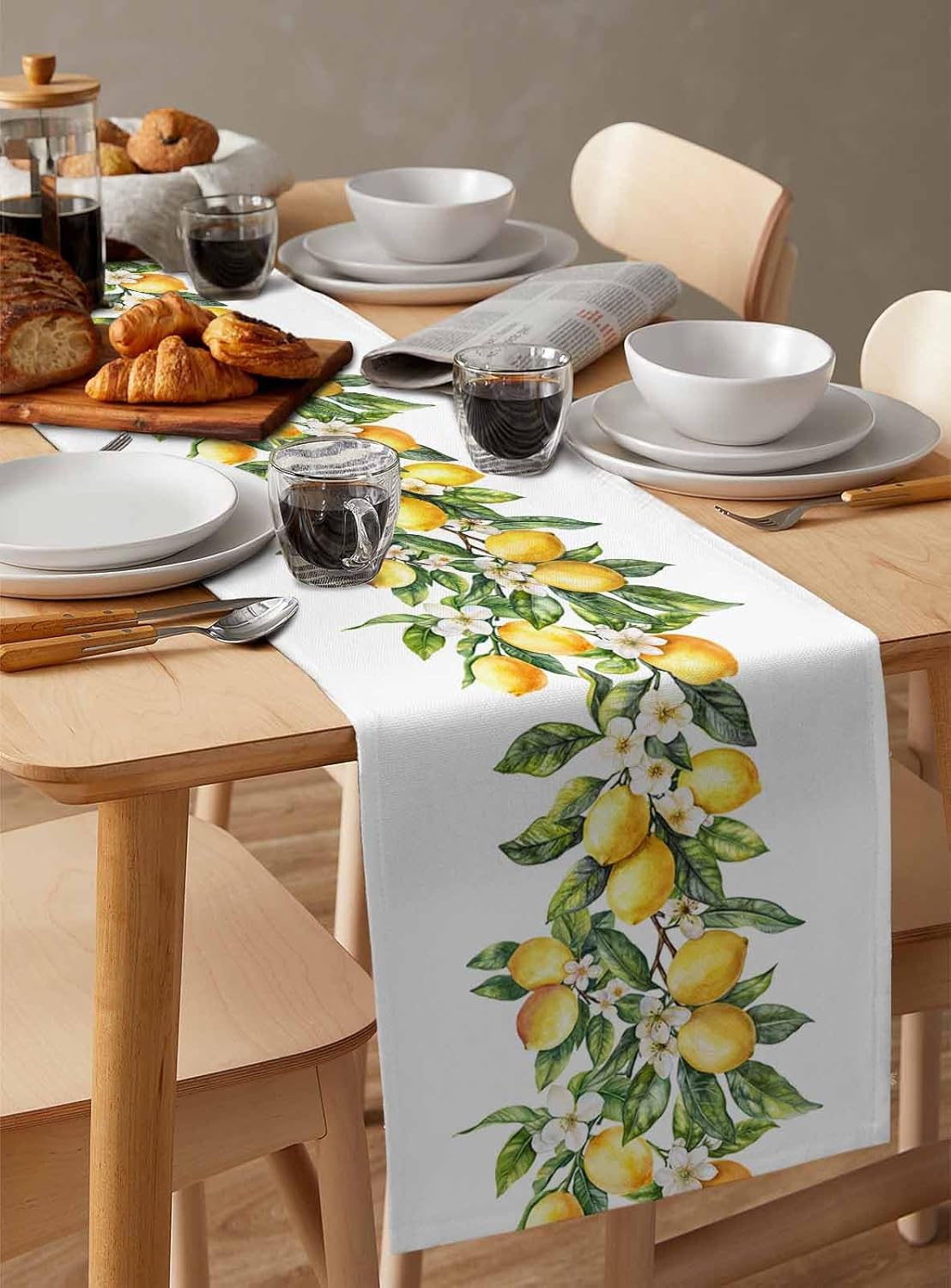 Dining Table Runner Dresser Scarf Linen Burlap Fabric,Summer Lemon Green Leaves Washable Table Runners 90 Inches Long for Farmhouse Home Kitchen Wedding Party Decor