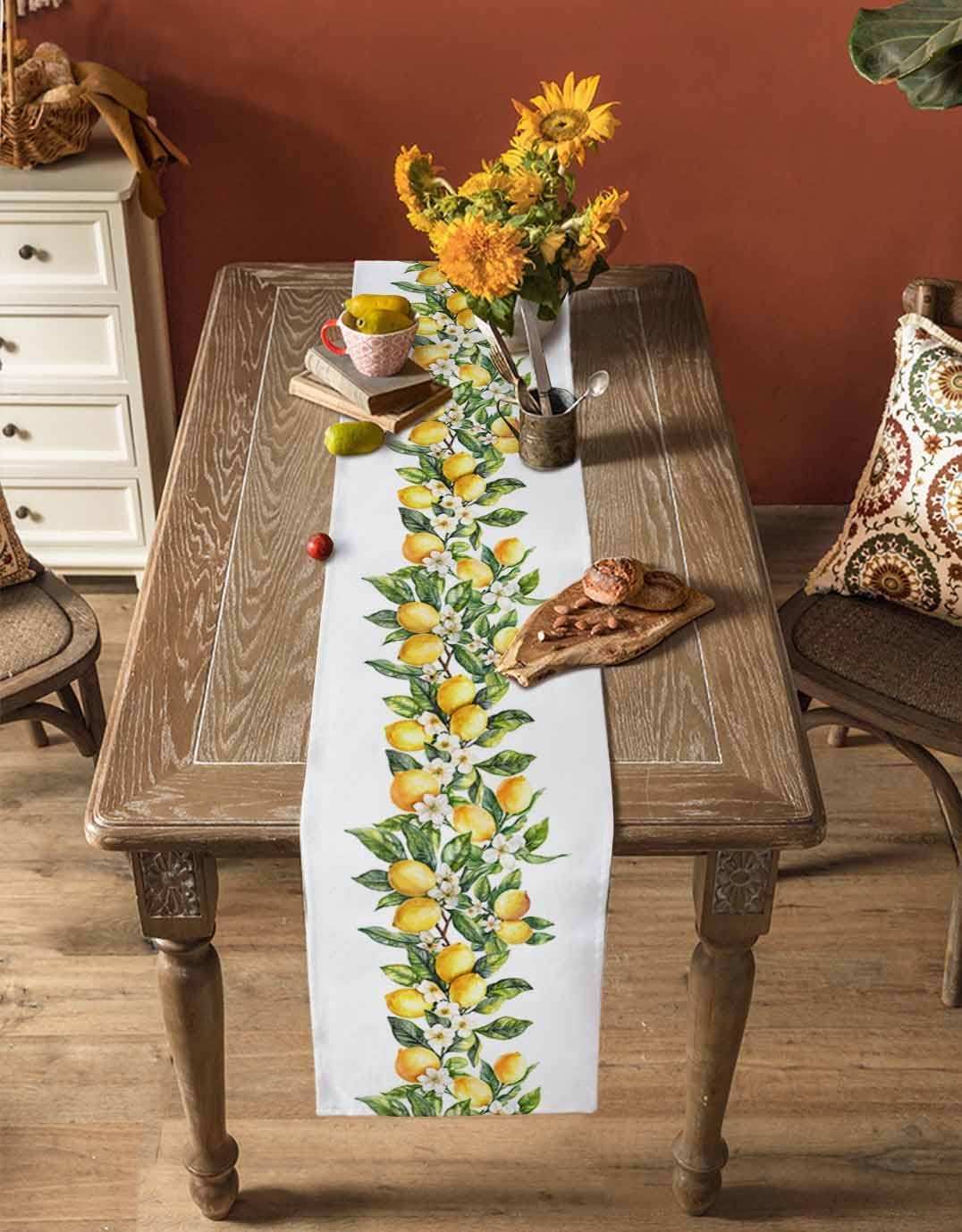 Dining Table Runner Dresser Scarf Linen Burlap Fabric,Summer Lemon Green Leaves Washable Table Runners 90 Inches Long for Farmhouse Home Kitchen Wedding Party Decor