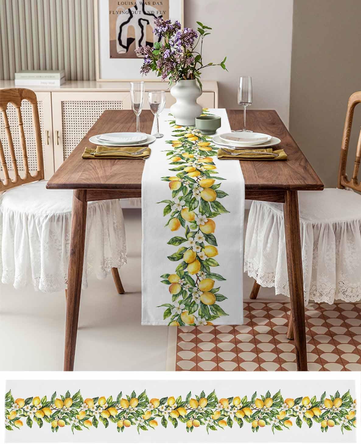 Dining Table Runner Dresser Scarf Linen Burlap Fabric,Summer Lemon Green Leaves Washable Table Runners 90 Inches Long for Farmhouse Home Kitchen Wedding Party Decor