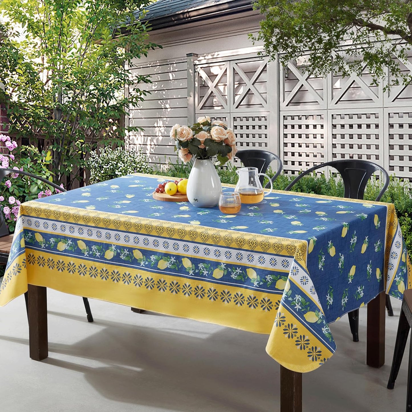 French Country Lemon Grove Vinyl Tablecloth with Flannel Backing, 52 x 70 Inch Rectangle, Blue and Yellow Citrus Lemon Print, Easy Care Wipe Clean Indoor Outdoor Table Cover