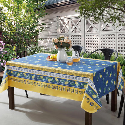 French Country Lemon Grove Vinyl Tablecloth with Flannel Backing, 52 x 70 Inch Rectangle, Blue and Yellow Citrus Lemon Print, Easy Care Wipe Clean Indoor Outdoor Table Cover