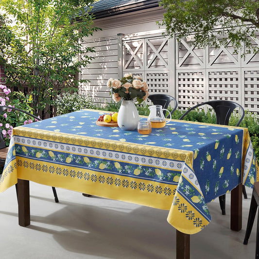 French Country Lemon Grove Vinyl Tablecloth with Flannel Backing, 52 x 70 Inch Rectangle, Blue and Yellow Citrus Lemon Print, Easy Care Wipe Clean Indoor Outdoor Table Cover