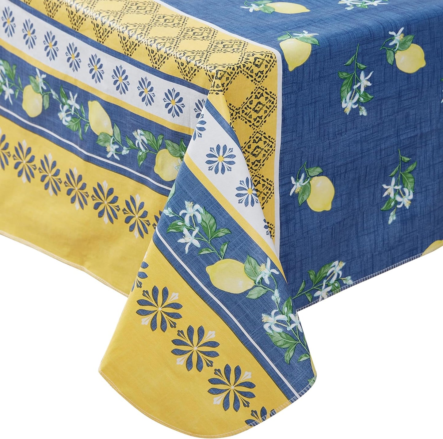 French Country Lemon Grove Vinyl Tablecloth with Flannel Backing, 52 x 70 Inch Rectangle, Blue and Yellow Citrus Lemon Print, Easy Care Wipe Clean Indoor Outdoor Table Cover