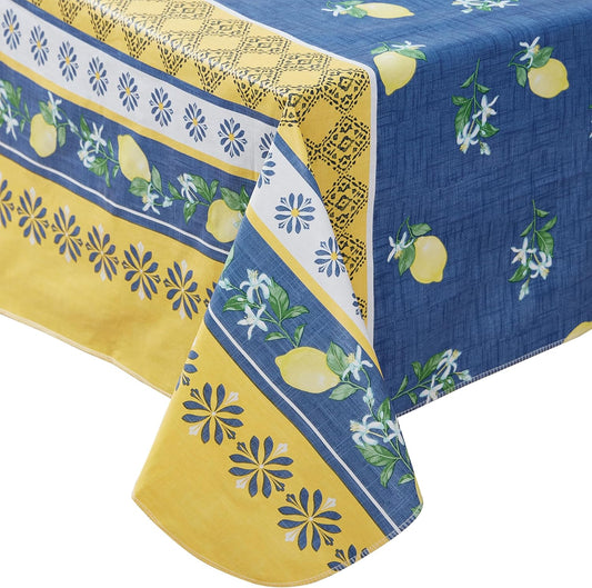 French Country Lemon Grove Vinyl Tablecloth with Flannel Backing, 52 x 70 Inch Rectangle, Blue and Yellow Citrus Lemon Print, Easy Care Wipe Clean Indoor Outdoor Table Cover