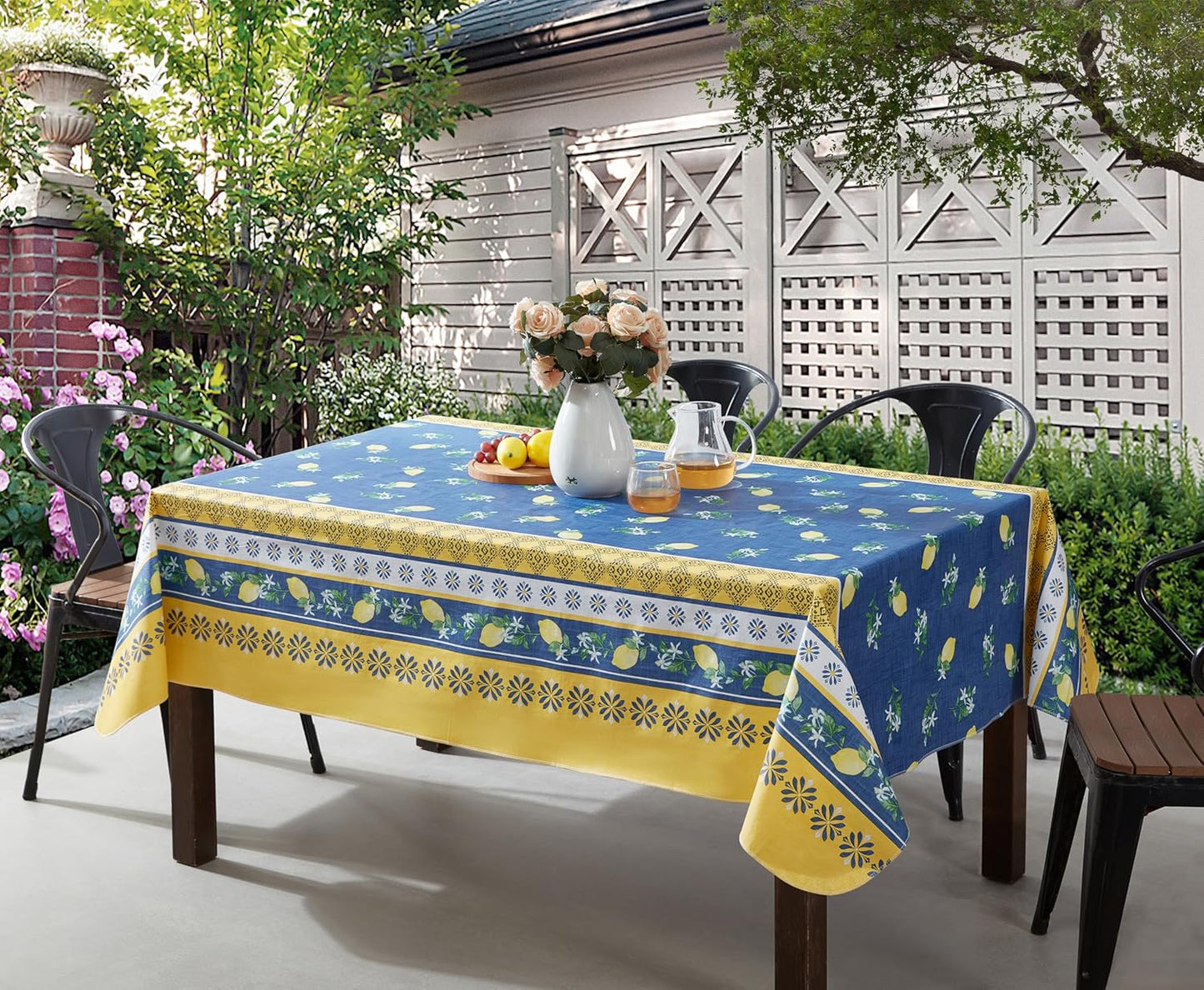 French Country Lemon Grove Vinyl Tablecloth with Flannel Backing, 52 x 70 Inch Rectangle, Blue and Yellow Citrus Lemon Print, Easy Care Wipe Clean Indoor Outdoor Table Cover