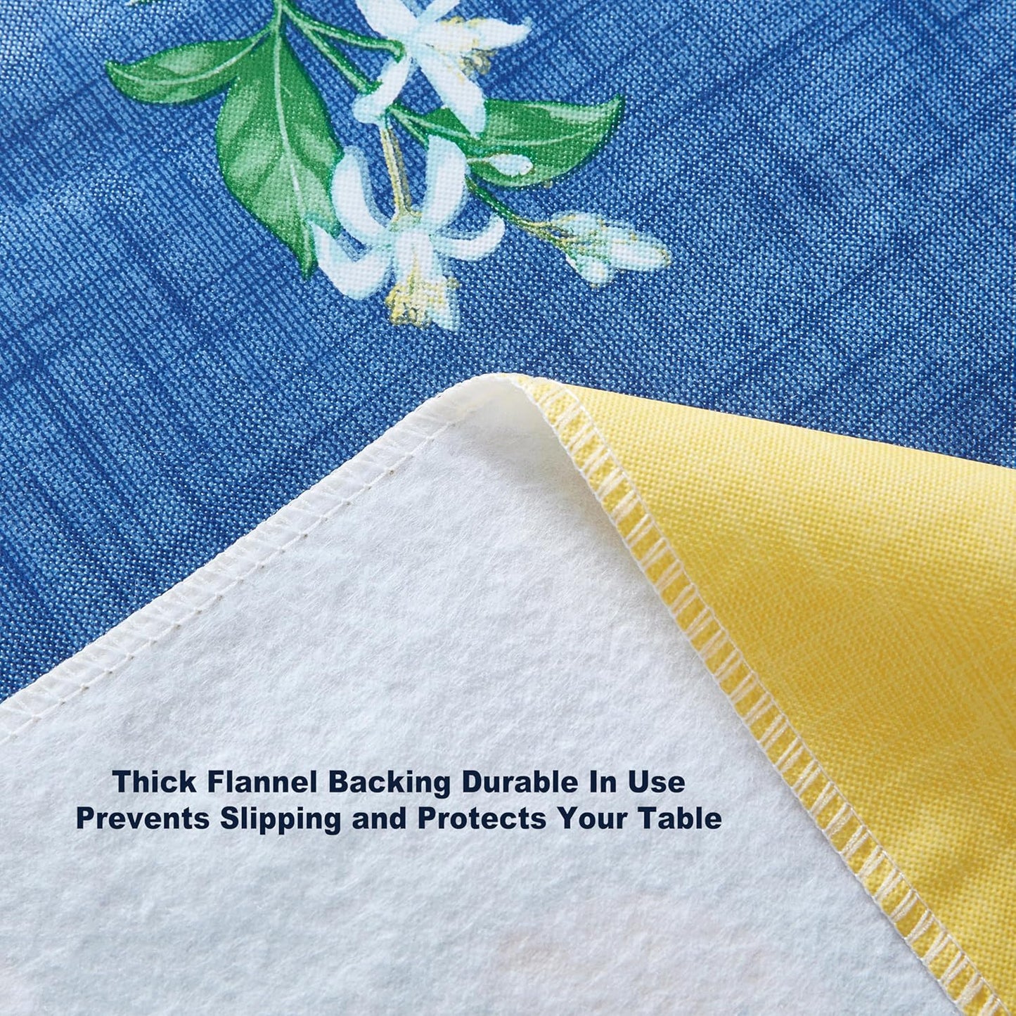 French Country Lemon Grove Vinyl Tablecloth with Flannel Backing, 52 x 70 Inch Rectangle, Blue and Yellow Citrus Lemon Print, Easy Care Wipe Clean Indoor Outdoor Table Cover