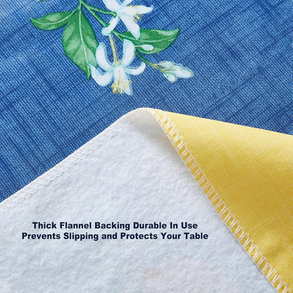 French Country Lemon Grove Vinyl Tablecloth with Flannel Backing, 52 x 70 Inch Rectangle, Blue and Yellow Citrus Lemon Print, Easy Care Wipe Clean Indoor Outdoor Table Cover