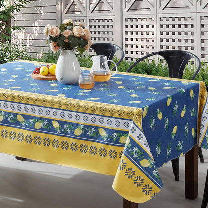 French Country Lemon Grove Vinyl Tablecloth with Flannel Backing, 52 x 70 Inch Rectangle, Blue and Yellow Citrus Lemon Print, Easy Care Wipe Clean Indoor Outdoor Table Cover