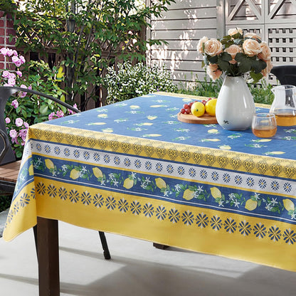 French Country Lemon Grove Vinyl Tablecloth with Flannel Backing, 52 x 70 Inch Rectangle, Blue and Yellow Citrus Lemon Print, Easy Care Wipe Clean Indoor Outdoor Table Cover