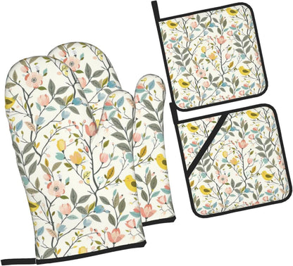 Yellow Bird&Pastel Bloom Oven Mitts and Pot Holders Set | Heat Resistant Non-Slip Waterproof Oven Gloves for Kitchen Baking Cooking BBQ, 4-Piece Set