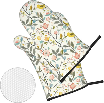 Yellow Bird&Pastel Bloom Oven Mitts and Pot Holders Set | Heat Resistant Non-Slip Waterproof Oven Gloves for Kitchen Baking Cooking BBQ, 4-Piece Set