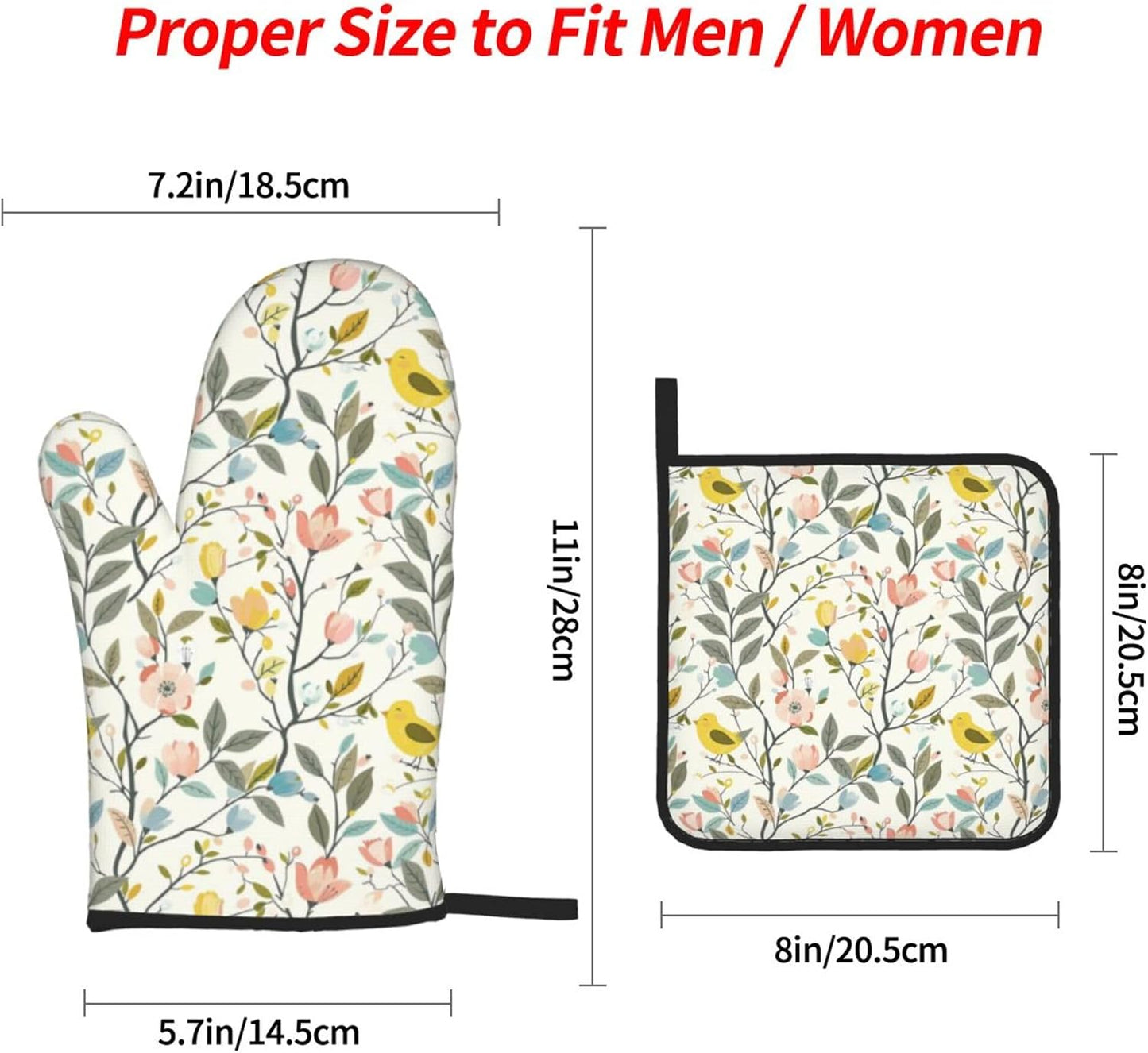 Yellow Bird&Pastel Bloom Oven Mitts and Pot Holders Set | Heat Resistant Non-Slip Waterproof Oven Gloves for Kitchen Baking Cooking BBQ, 4-Piece Set
